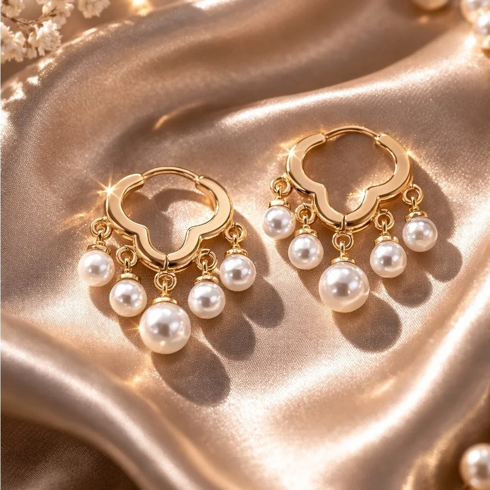 Golden Pearl Cascade Hoop Earrings